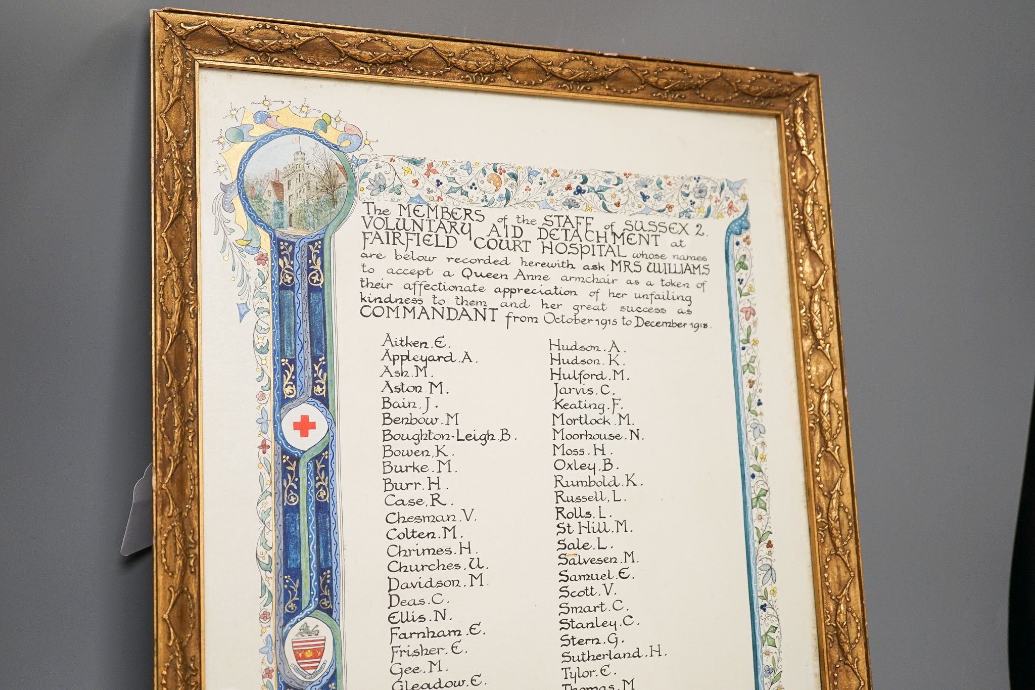 A hospital dedication to Mrs.Williams from Fairfield Court Hospital, 42 x 31cm